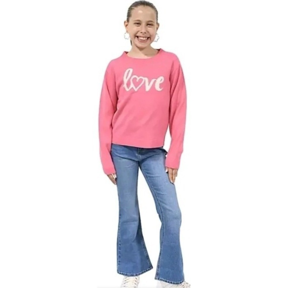 Zunie Girl‎ Pink Love Heart Graphic Knit Sweater Bright Pink M 7/8 NWT